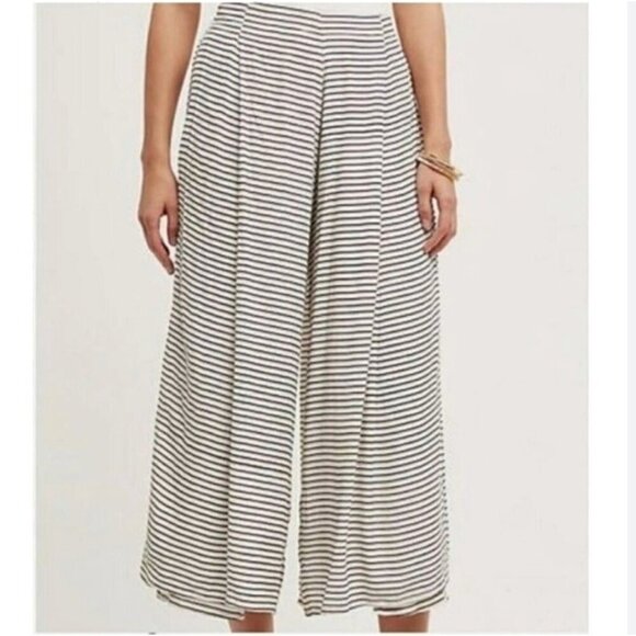 NWT FAITHFULL THE BRAND WHITE BLACK BROWN STRIPED PLEATED WIDE LEG HANDMADE PANT - Picture 1 of 9